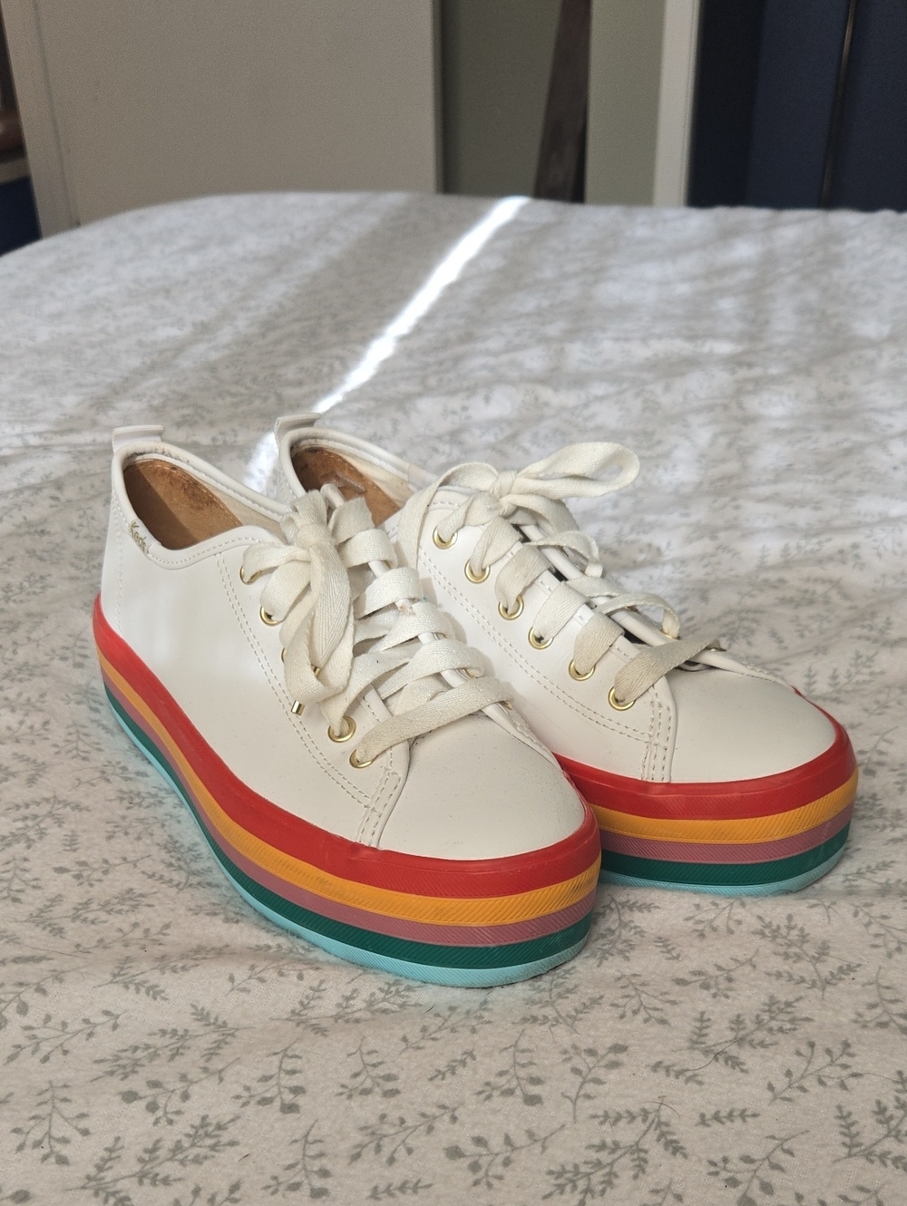 Keds White Platform Sneakers with Rainbow Stripe Sole